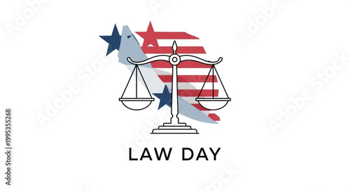 Law day emblem with scales of justice and american flag graphic