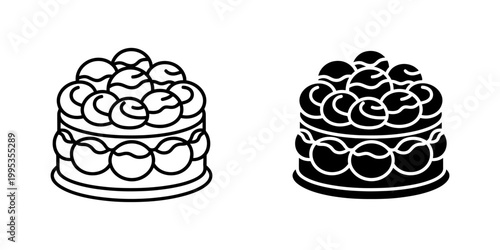 Saint honore cake icons set with line and solid styles isolated on white background for bakery menu design project or pastry shop branding with french dessert symbols including puff pastry and cream.