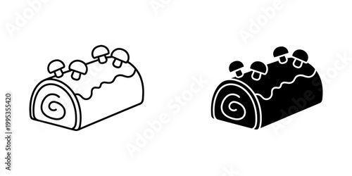 Buche de noel yule log cake vector icon set featuring traditional christmas chocolate roll dessert with frosting and mushroom decorations in outline and glyph styles for holiday menus and websites.