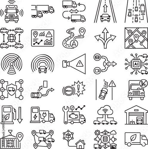 Autonomous Trucking and Platooning Line Icons Set, Self Driving Logistics Fleet AI Transport Minimal Black Outline Vector Icons