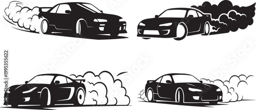 A sleek sports car drifts powerfully leaving a trail of smoke against a clean white background a striking silhouette.