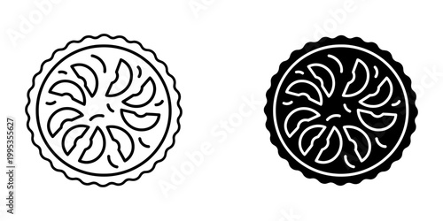 Fruit tart icon set, delicious pastry with fresh fruit slices, sweet dessert for cafe or bakery, isolated vector illustration.