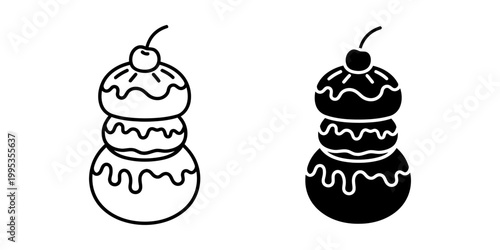 Religieuse pastry vector icon set featuring double stacked cream puffs with frosting and cherry on top in traditional french dessert style with outline and silhouette for bakery branding.