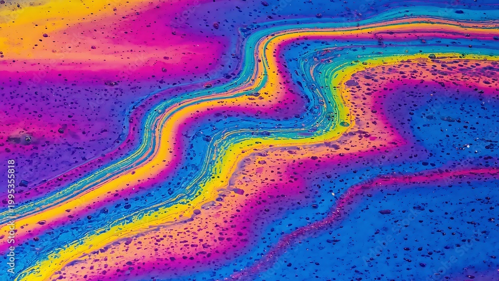 Fototapeta premium Iridescent oil slick pattern with vibrant colors and abstract wavy lines, creating a mesmerizing visual effect.