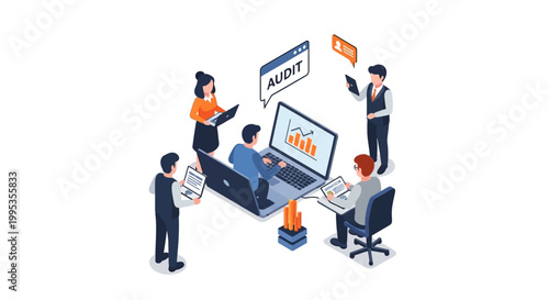 Isometric illustration of business team auditing financial data on laptop.
