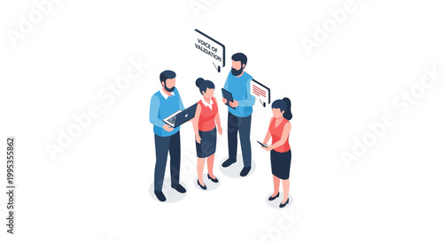 Isometric illustration of business team members collaborating on a project.
