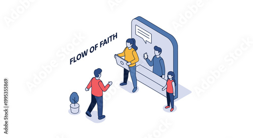 Isometric illustration of people interacting with a mobile phone and text.