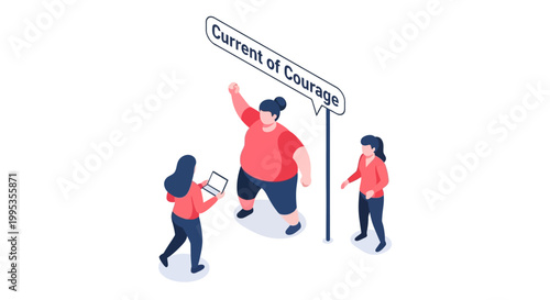 Isometric Illustration of People and Courage Concept with Speech Bubble.