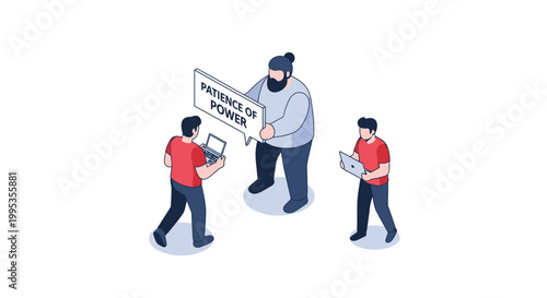 Isometric illustration of people and a sign representing power dynamics.