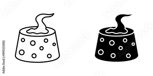 Cake with cream and strawberries, outlined and solid black vector illustration.