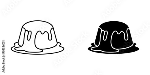 Pudding icon set, sweet jelly dessert, melted sauce on top, simple food symbol, isolated vector illustration.