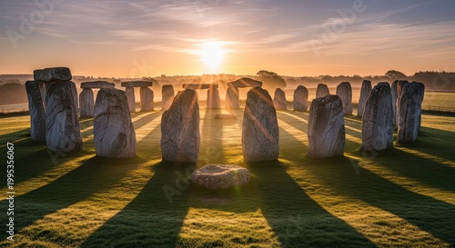 stonehenge at sunrise with shadows.