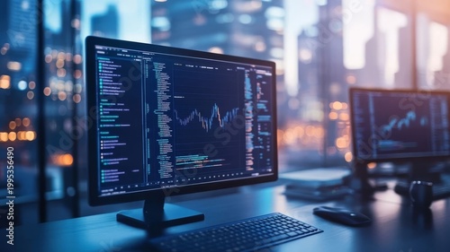 Financial stock market data displayed on modern computer monitor screen for analysis.