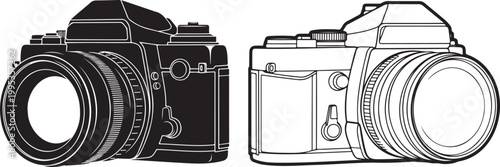 A striking black outline depicts a classic single lens reflex camera showcasing its detailed form as a silhouette. Single lens reflex camera vector illustration.