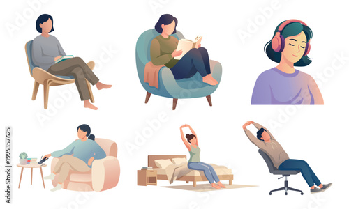 Set of People Doing Daily Activities Reading Stretching and Listening to Music