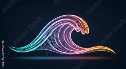 Vibrant neon wave illustration glowing with dynamic energy on a dark background capturing a