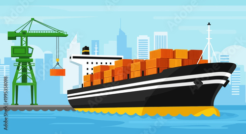Illustration of a cargo ship loading containers at a port with a city skyline in the background.
