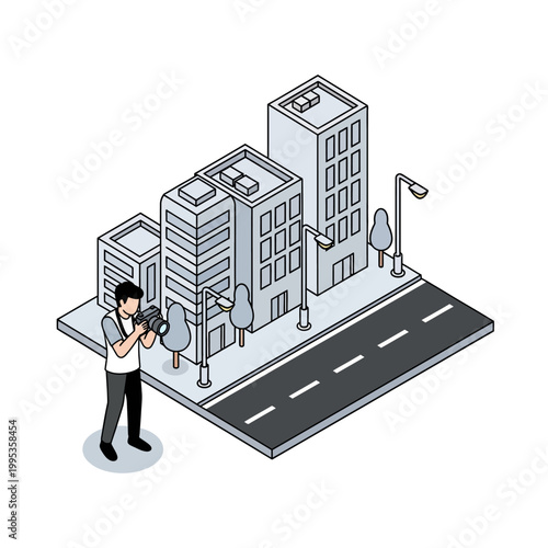 Man holding camera on city street.