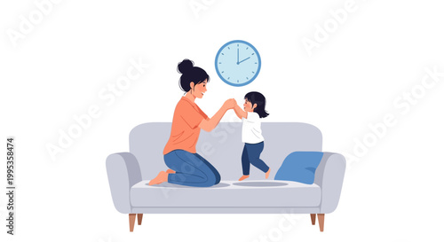 Illustration of a mother and child playing on a gray couch with a clock in the background