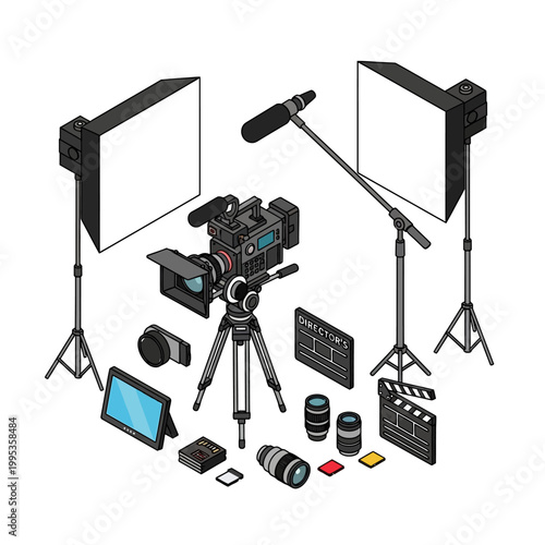 Camera equipment on a tripod stand.