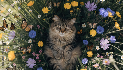 A dreamy top-down perspective from above, looking down at the ground, surrounded by wildflowers and tall grass forming a circular composition. 