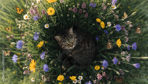 A dreamy top-down perspective from above, looking down at the ground, surrounded by wildflowers and tall grass forming a circular composition. 