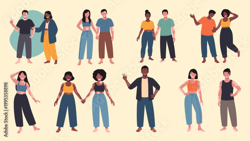 Diverse group of people with vitiligo skin condition standing in pairs and showing confidence in their appearance.
