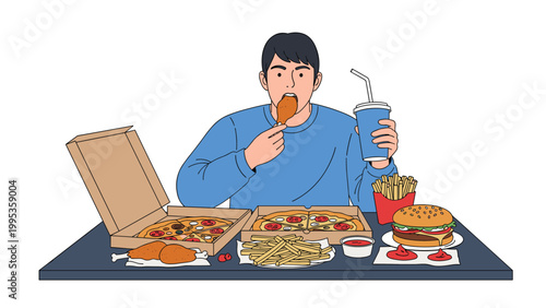 Young man sitting at a table and enjoying a large variety of fast food including pizza, burgers, fries, and soda.