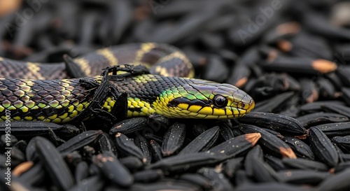 Close-up of a vibrant snake with yellow and black markings, resting on a bed of dark, elongated seeds.