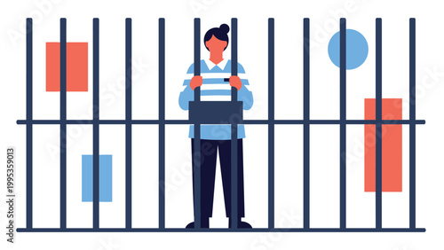 Sad woman standing behind vertical iron bars in a dark prison cell, prisoner in striped clothes representing crime and justice system.