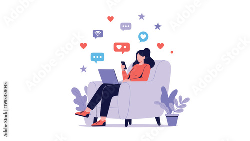 Young woman sitting in an armchair using her laptop and phone with social media icons floating in the air for digital connectivity.