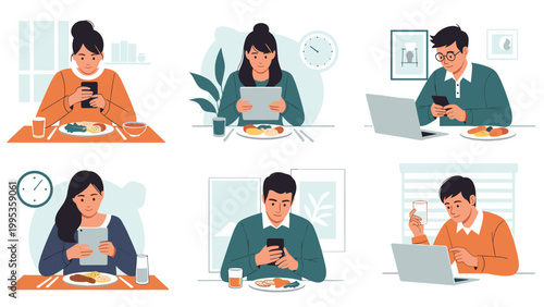 Set of diverse people using smartphones and tablets while eating meals, addiction to technology during breakfast and dinner times.