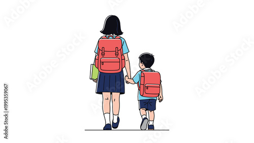 Two school children carrying large red backpacks walking away, brother and sister going to school together on a plain white background.