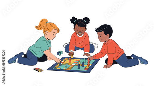 Group of children playing an educational board game on the floor, kids of diverse backgrounds having fun with tabletop gaming at home.
