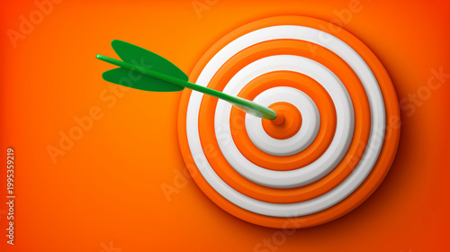 3D illustration of an orange target with a white target and a green dart