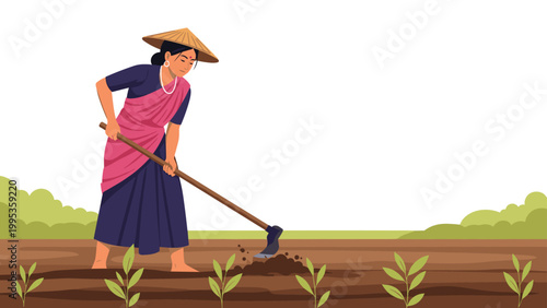 Indian woman wearing a traditional pink saree working in the field with a hoe, female farmer planting crops on an organic rural farm.