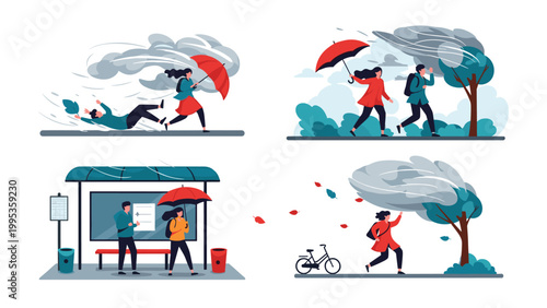 People struggling against heavy rain and strong wind outdoors, collection of scenes showing various individuals in stormy autumn weather.