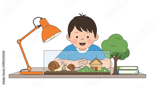 Curious young boy observing snails in a glass terrarium at his desk, student learning about nature and biology with a magnifying lamp.