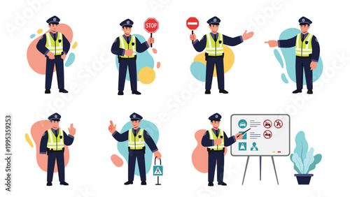 Police officer in a high visibility vest performing various duties, set of traffic cops managing road safety and giving law instructions.