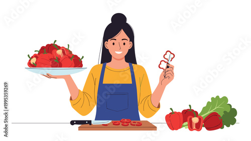 Smiling woman in an apron cutting fresh red bell peppers on a cutting board, female chef preparing healthy organic vegetables in kitchen.