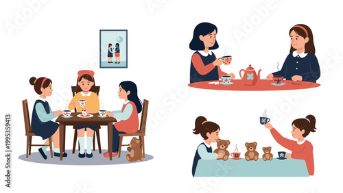 Little girls playing a tea party together with stuffed teddy bears, children having fun and social interaction at home with miniature toys.
