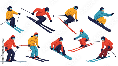 Set of diverse people skiing and snowboarding down a mountain, collection of winter sports athletes performing different active poses.