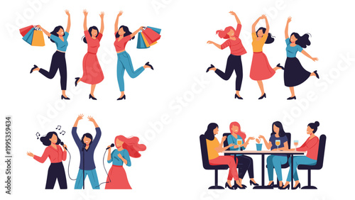 Group of happy women shopping singing and drinking together, scenes of female friendship and social activities in various leisure settings.