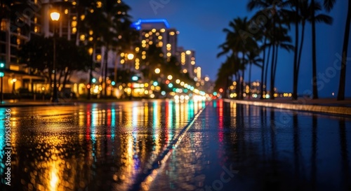 Vibrant City Street at Night with Wet Pavement Reflecting Colorful Lights and Palm Trees.