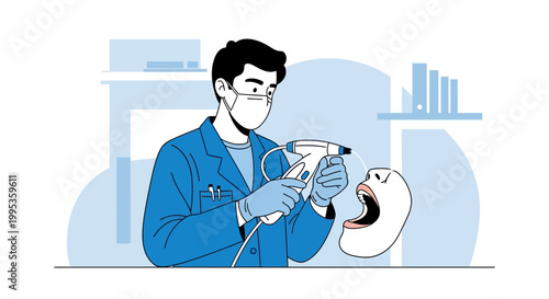 Dentist using intraoral scanner on patient mouth model