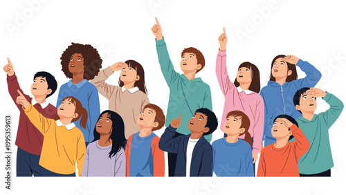 Group of multiethnic children and teenagers standing together and looking up with curiosity while pointing at something above them, flat vector.