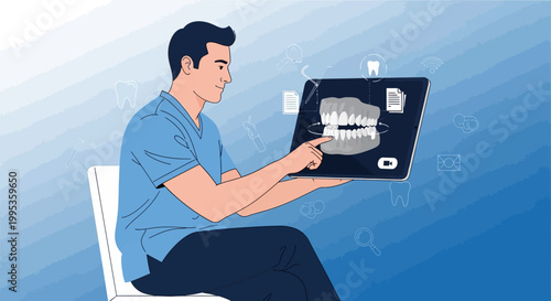 Dentist showing digital teeth model on tablet screen