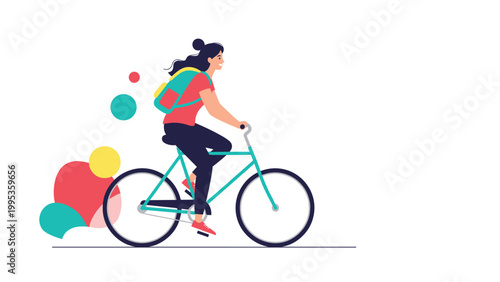 Young woman with a backpack riding her bicycle fast through a vibrant stream of colorful abstract circles and shapes, modern flat vector illustration.