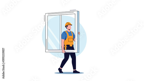 Professional construction worker in a safety helmet and overalls carrying a large white window frame for installation during a home renovation project.