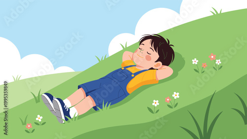 Young boy wearing blue overalls and a yellow t-shirt lying on a lush green hill and sleeping peacefully under a clear blue sky with white clouds.